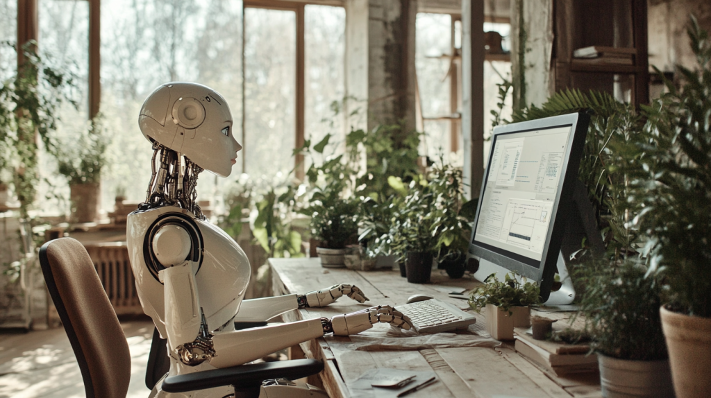 La Ingeniería Artificial Generativa en 2024. Tendencias Clave y Avances Recientes. SoulBilbao. Robot trabajando en una oficina